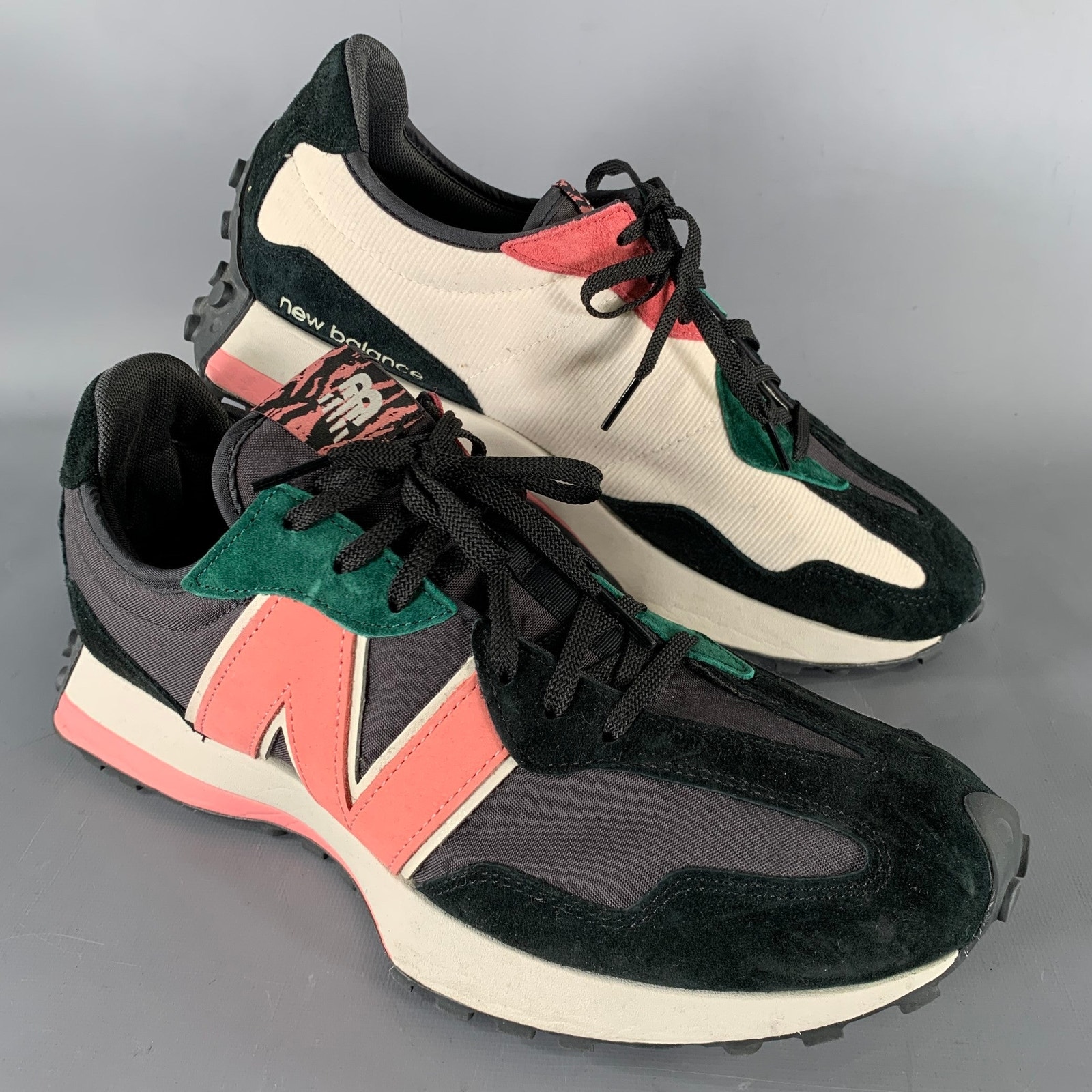 New Balance 327 Size 12 Black Cream & Pink Logo Canvas Runner Sneakers